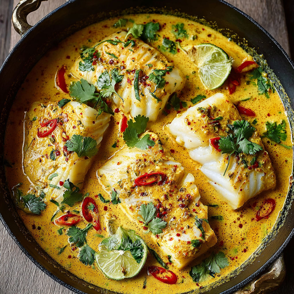 A pan of fish in a yellow sauce.