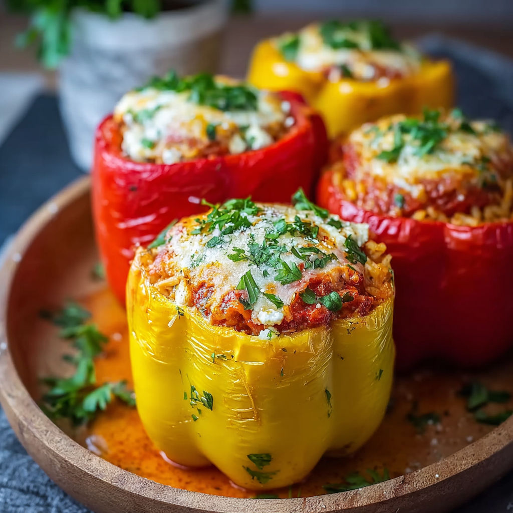 A plate of stuffed peppers with rice and feta cheese.