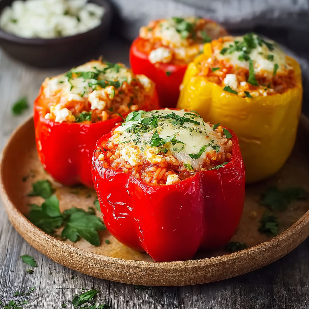 A plate of red peppers with cheese on top.