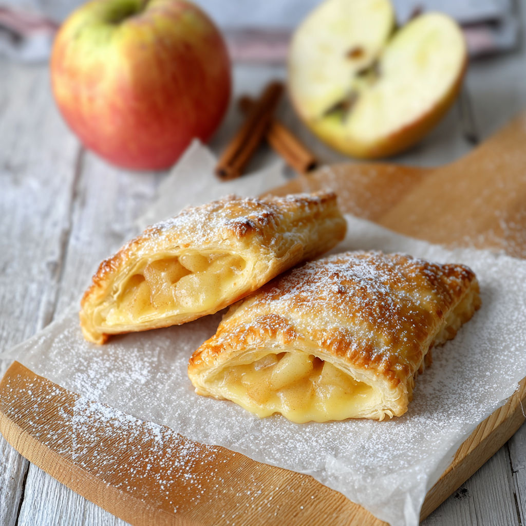 Two pastries with powdered sugar and a sliced apple.