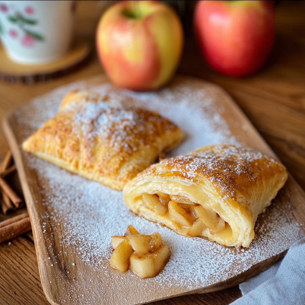 A plate with two pastries and an apple.