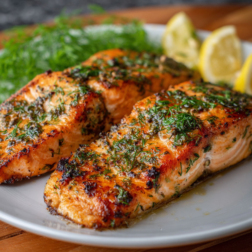 Two pieces of fish with herbs on a plate.