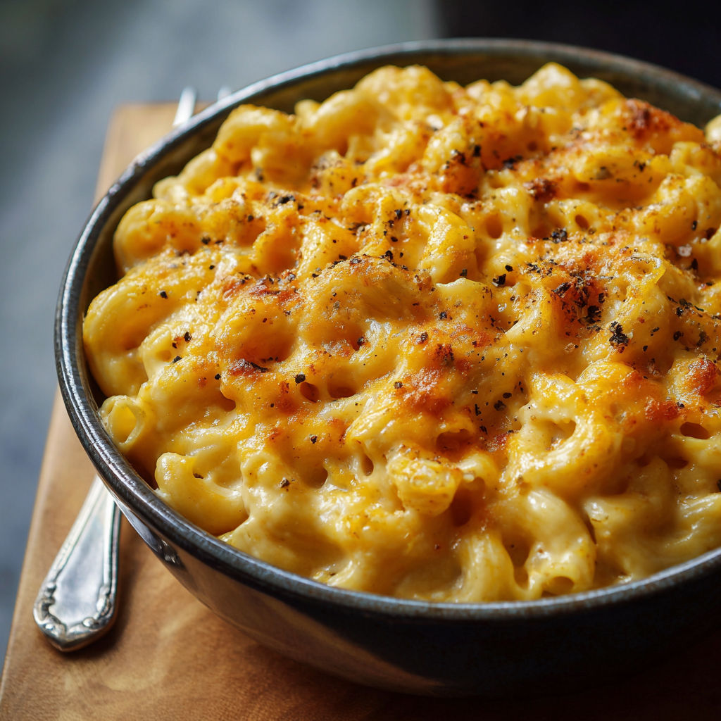 A bowl of mac and cheese with a spoon in it.