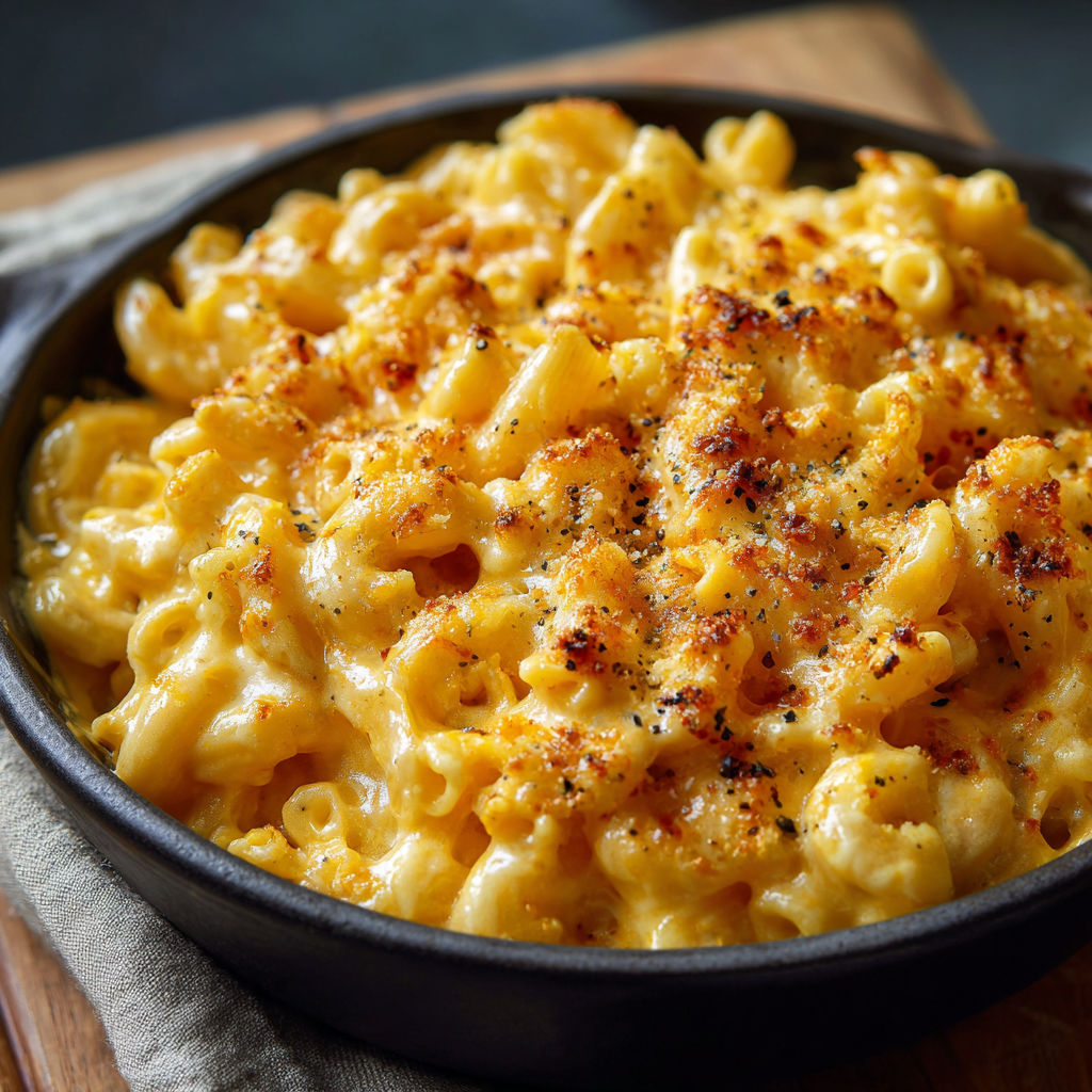 A bowl of macaroni and cheese with a wooden table underneath.