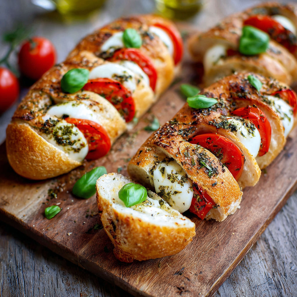 Two pieces of bread with tomatoes and cheese on a wooden table.