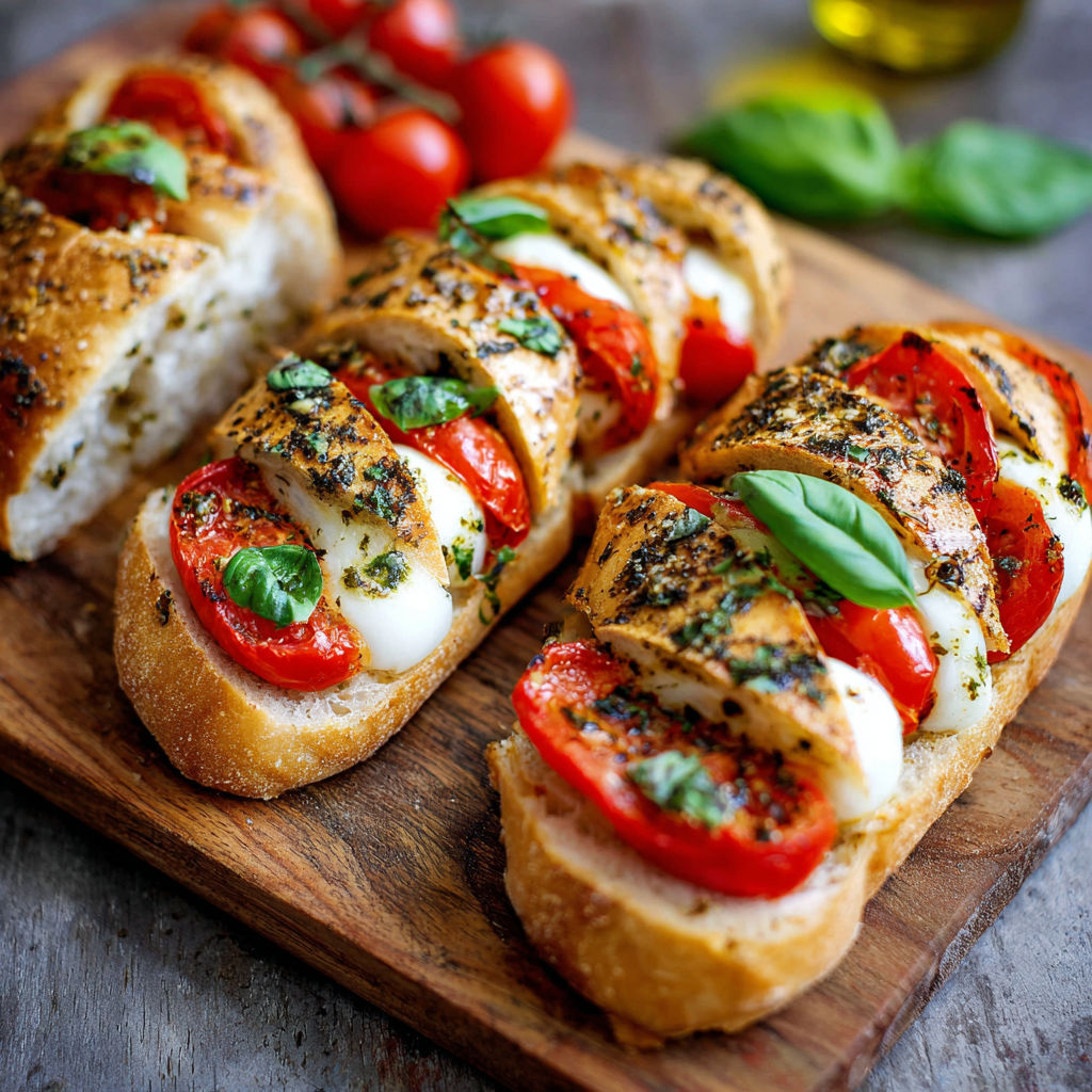 A wooden cutting board with two slices of bread with tomatoes and basil on top.