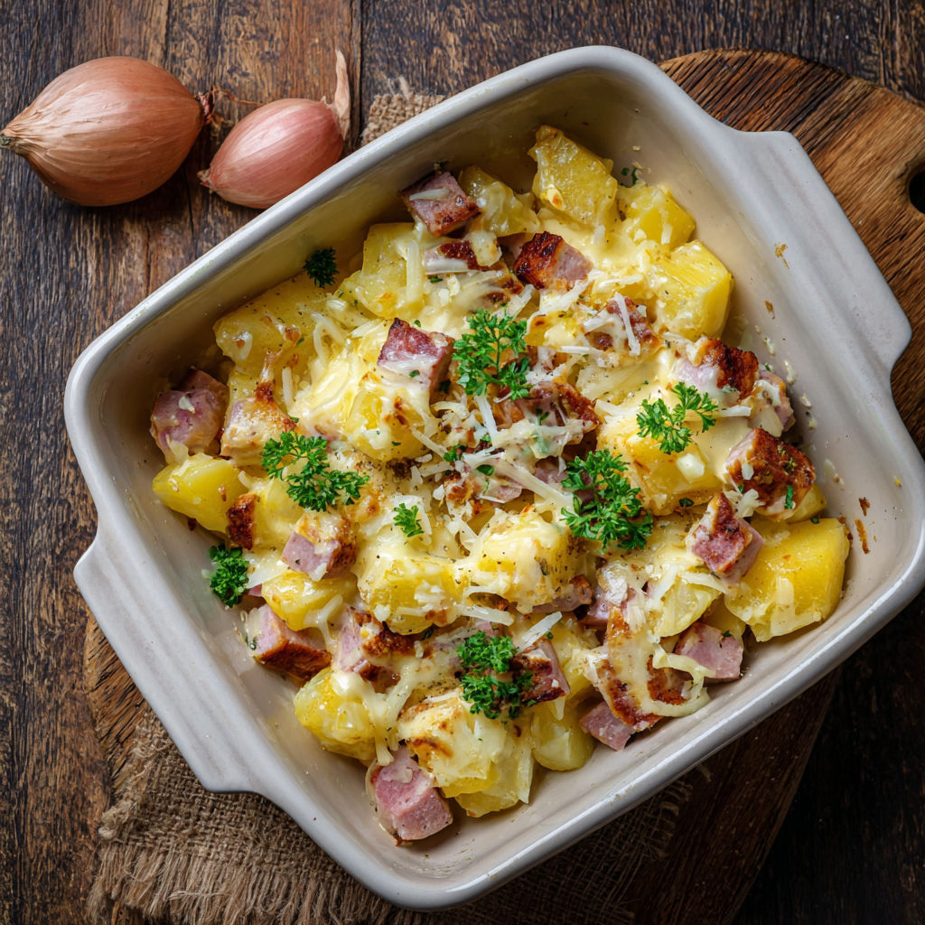 A bowl of Leberkäse-Auflauf.