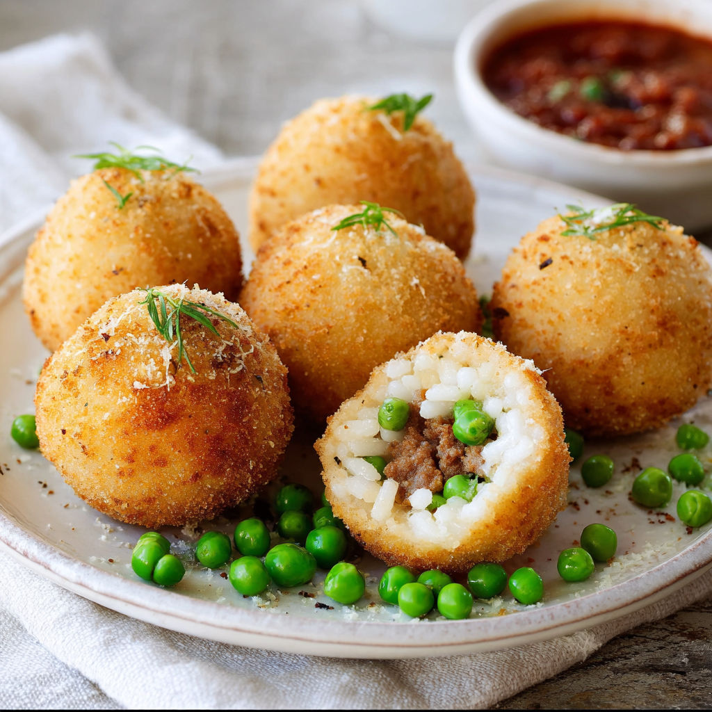 A plate of arancini with peas and sauce.