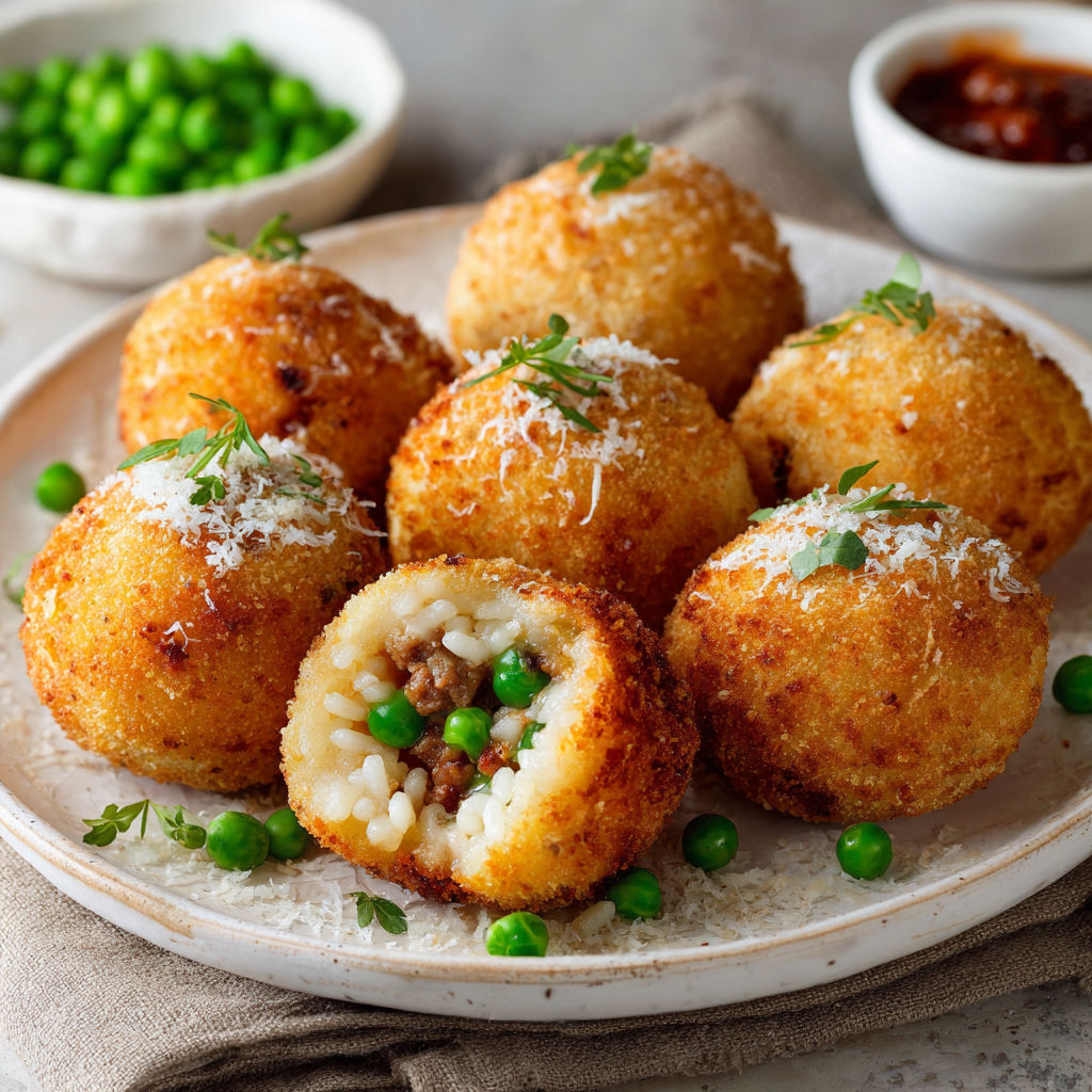 A plate of food with peas and meatballs.