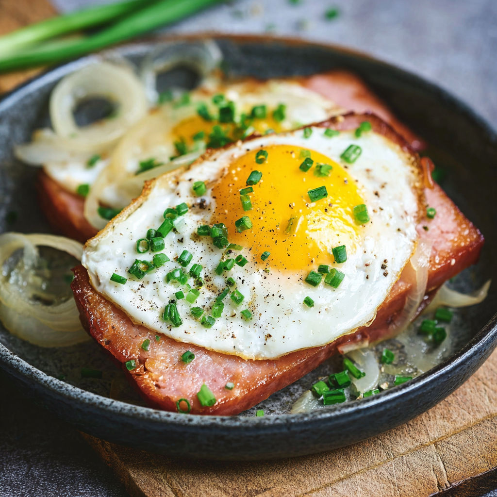 A plate of ham with onions.