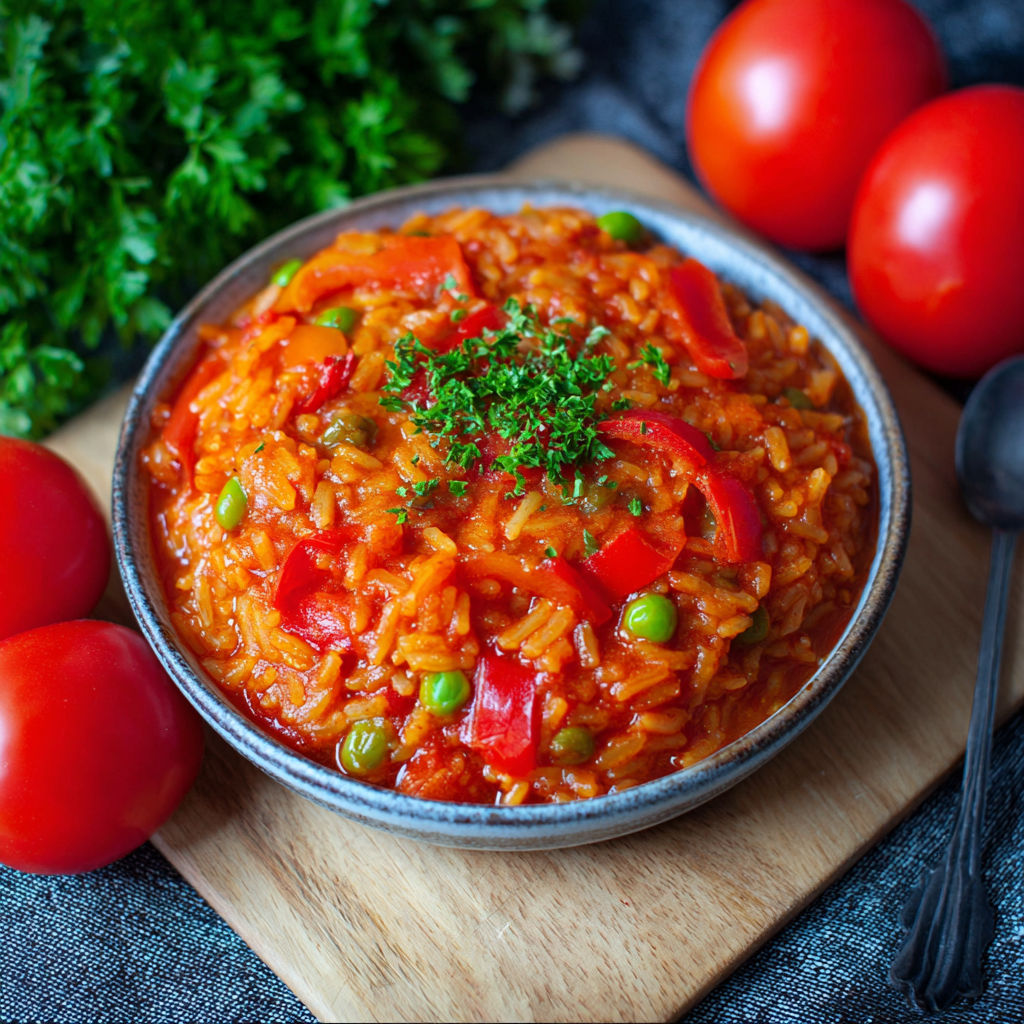 A bowl of rice with peppers and tomatoes.