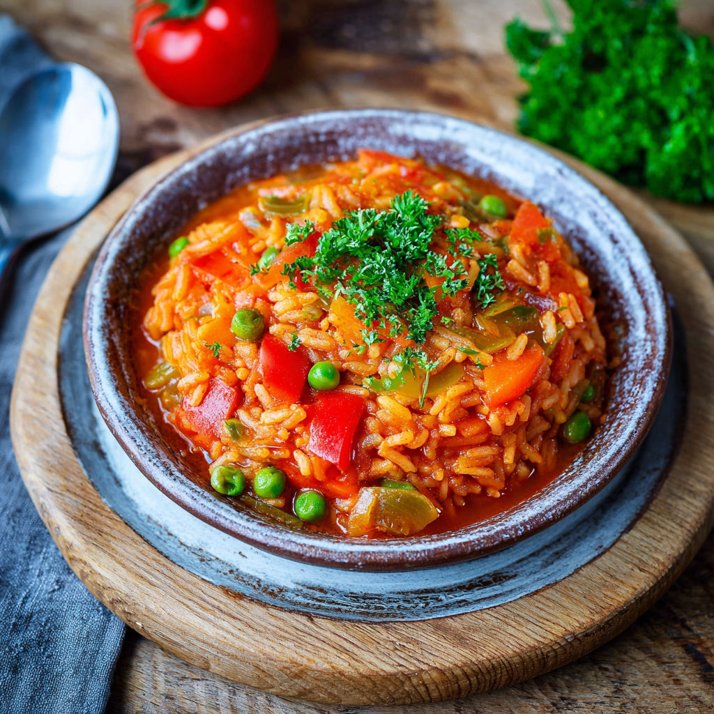 A bowl of rice with peas and tomatoes.