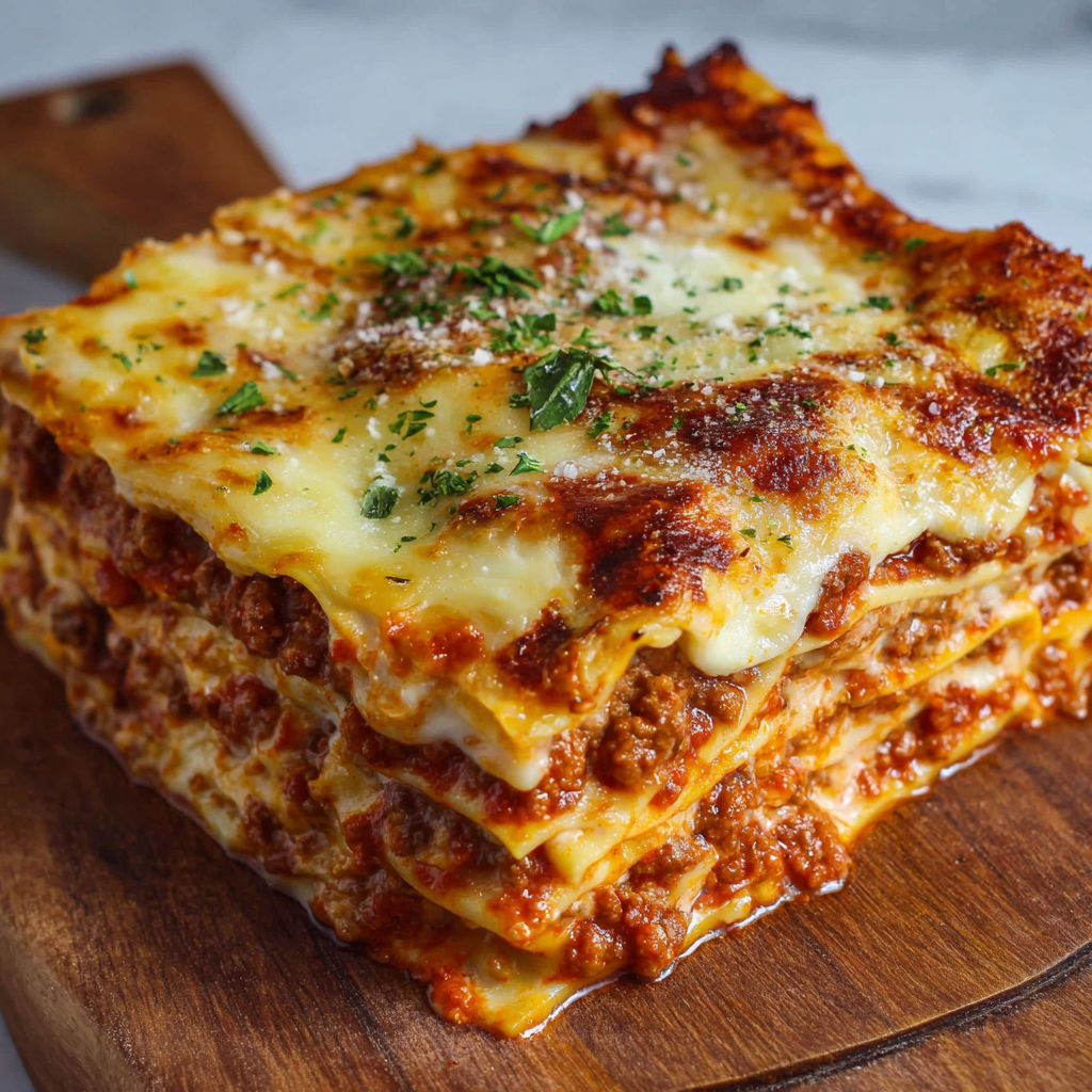 A stack of lasagna with cheese on top.