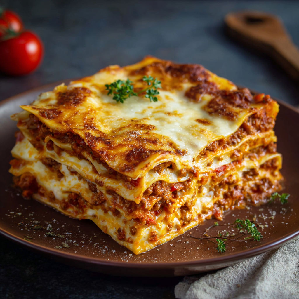 A stack of lasagna on a plate.