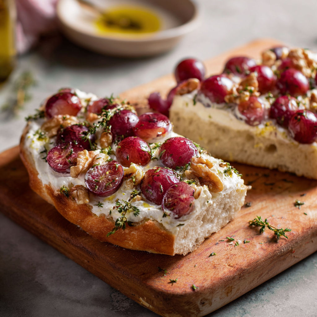A slice of walnut focaccia with ricotta and toasted grapes.