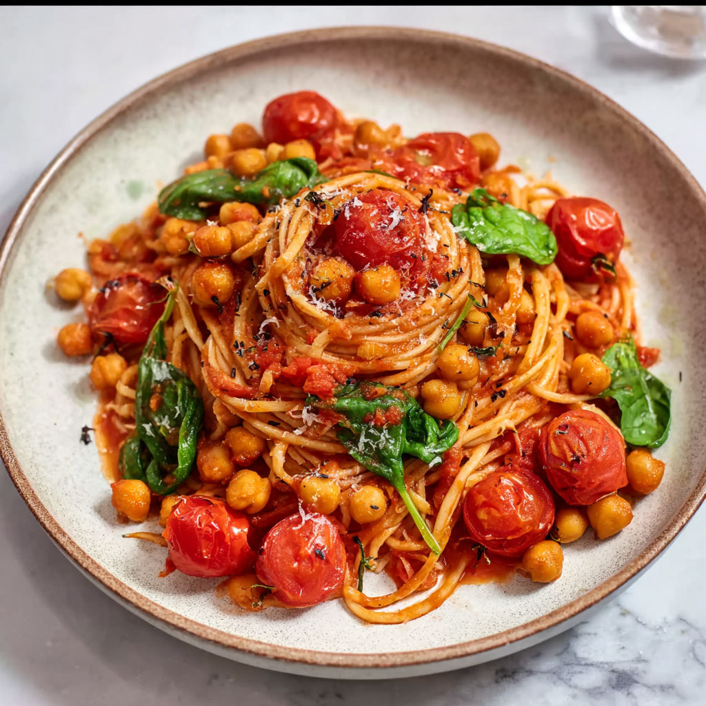 A plate of spaghetti with tomatoes and chickpeas.