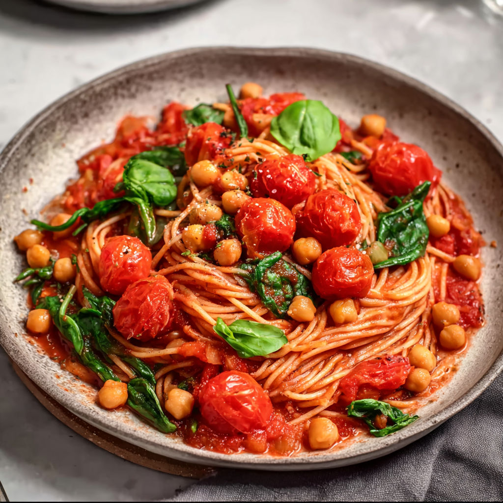 A plate of pasta with tomatoes and chickpeas.