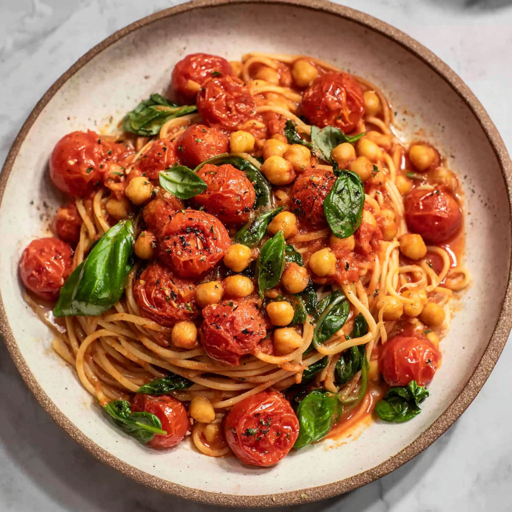 A bowl of spaghetti with tomatoes and chickpeas.