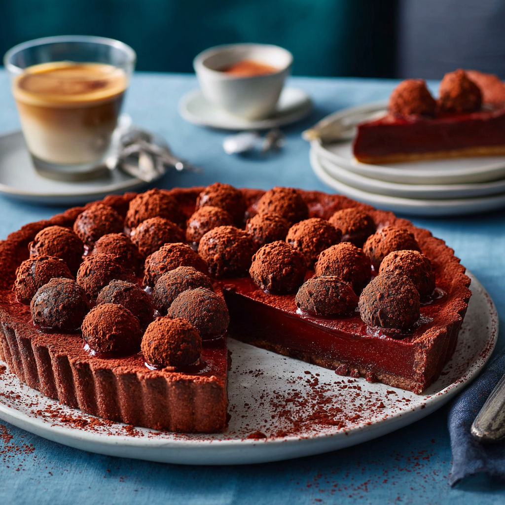 A slice of chocolate cake with chocolate balls on top.