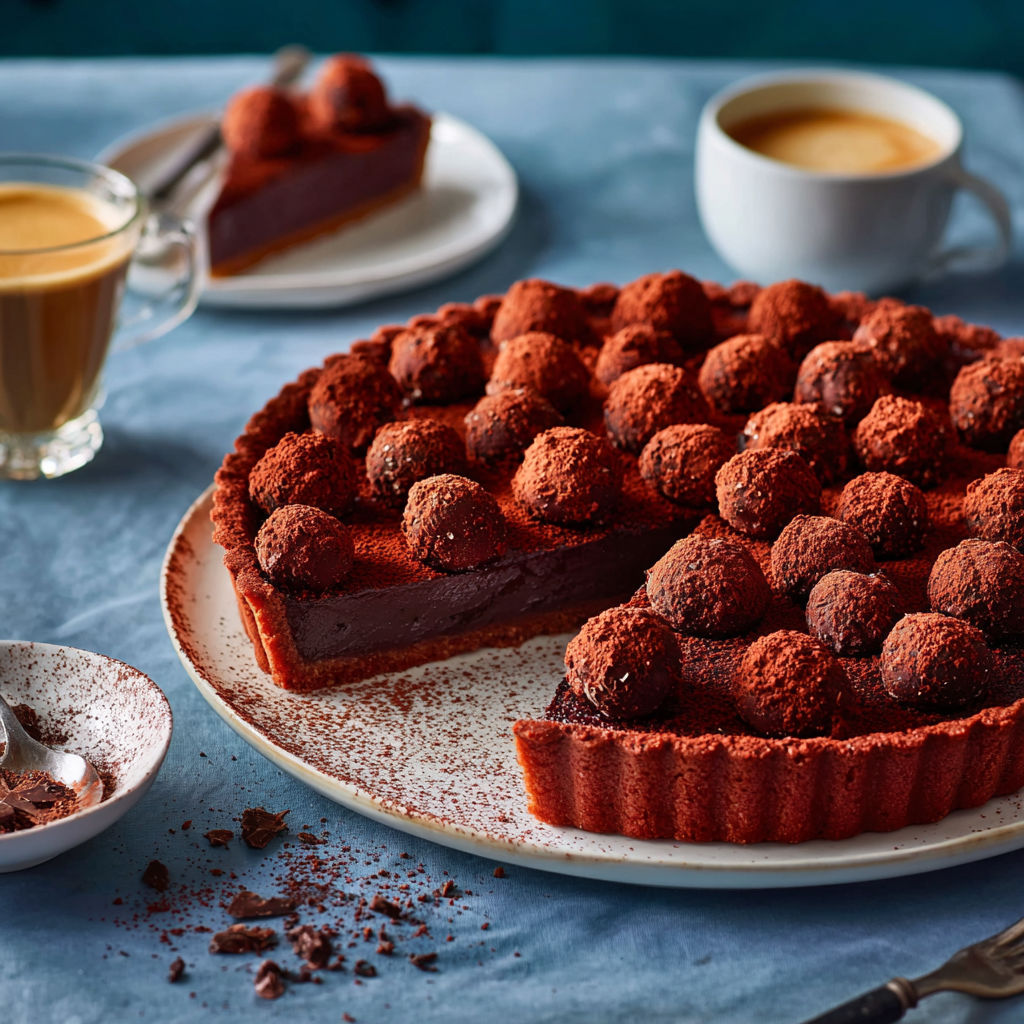 A slice of chocolate cake with chocolate balls on top.