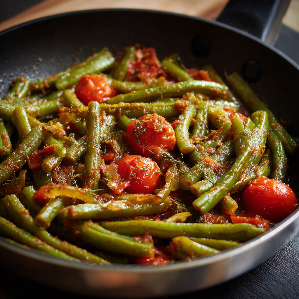 A pan of food with green beans and tomatoes.