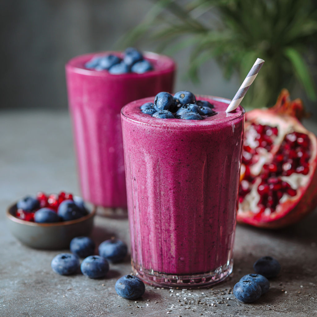 Two glasses of purple smoothie with blueberries on top.