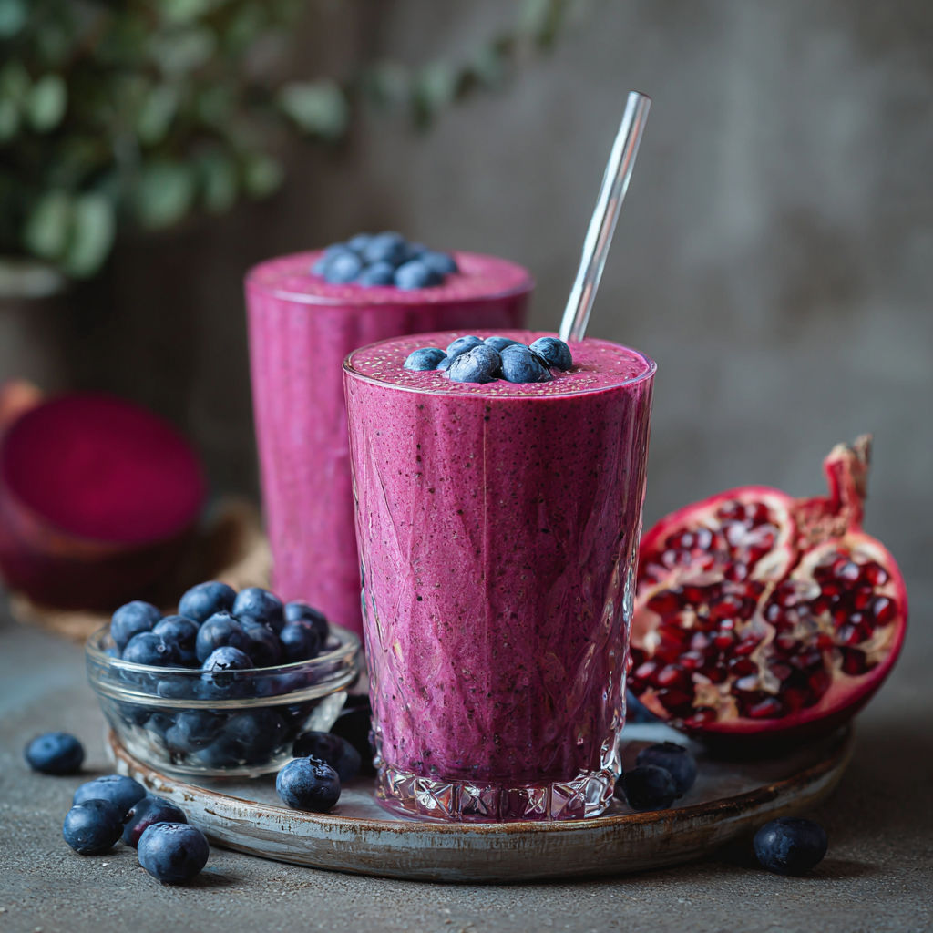 A glass of blueberry smoothie with a straw in it.