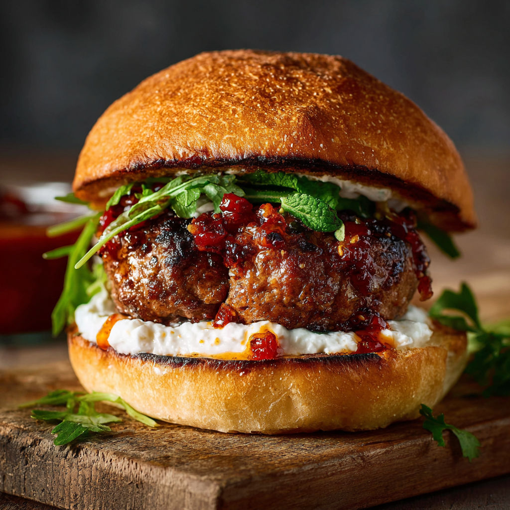 A burger with sauce and lettuce on a bun.