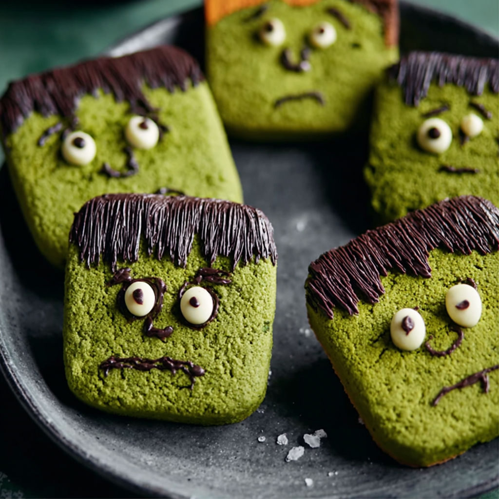 A plate of green cookies with faces drawn on them.