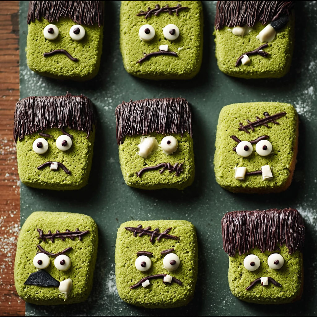 Green cookies with eyes and mouths.