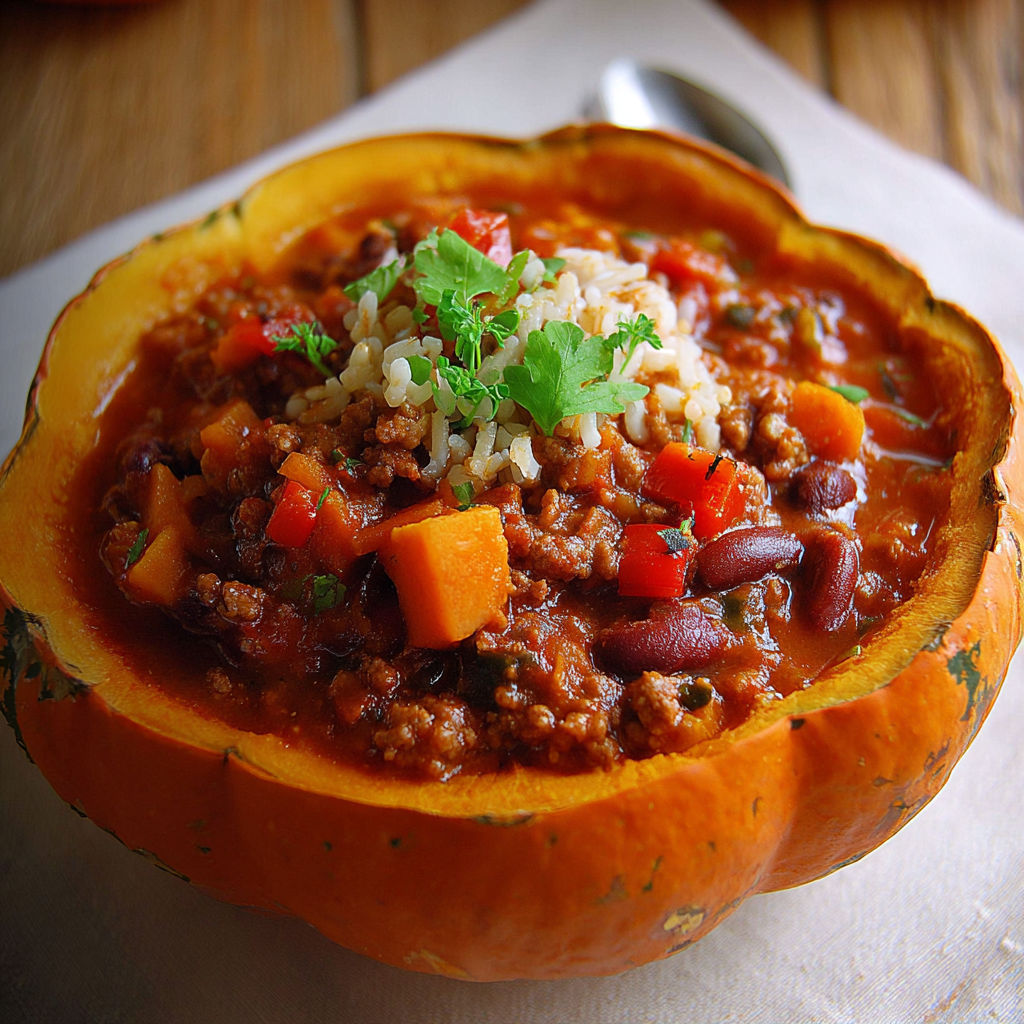 A bowl of chili with a spoon in it.