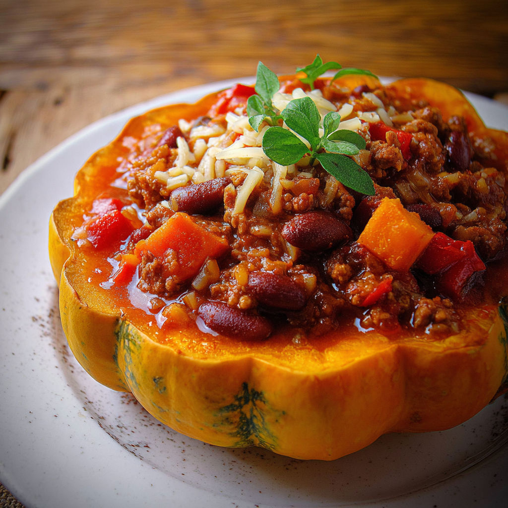 A close up of a chili cheese stuffed pumpkin.