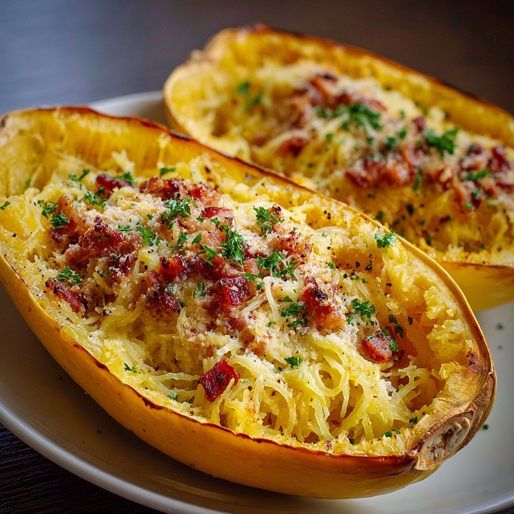 A plate with two slices of spaghettikürbis carbonara.
