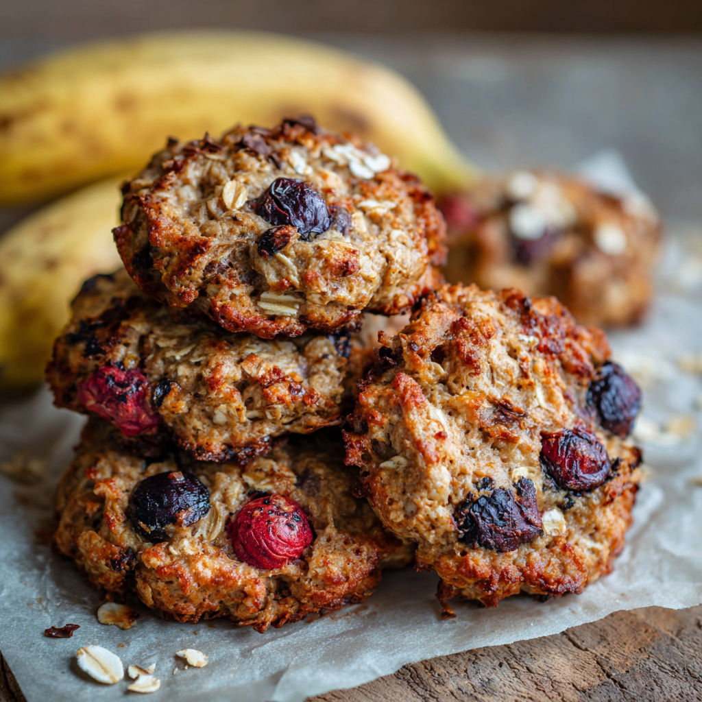 A stack of muffins with a banana on top.