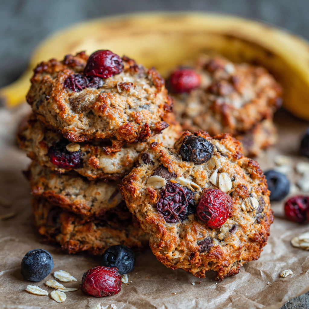 A stack of cookies with blueberries and bananas.