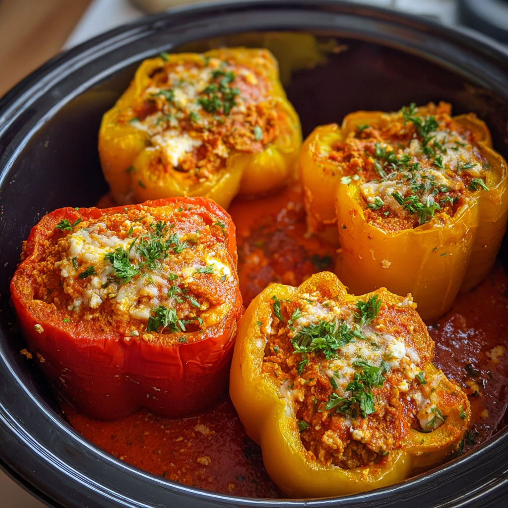 A bowl of peppers with cheese and sauce.