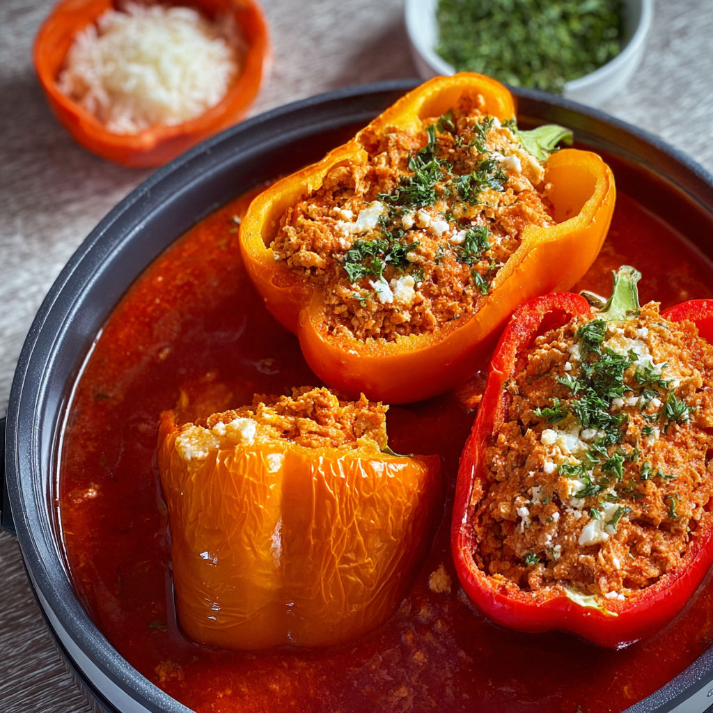 Three peppers with meat in them.