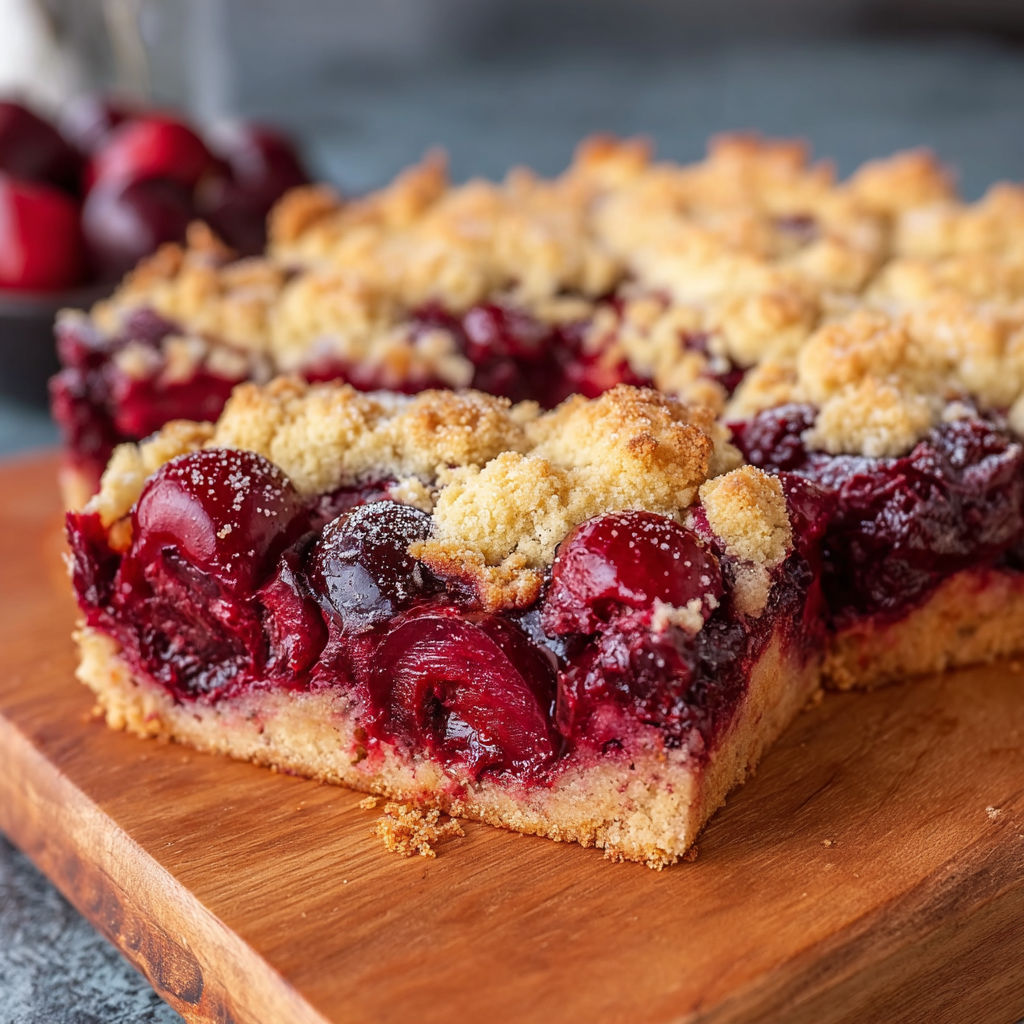 A slice of a cake with cherries on top.