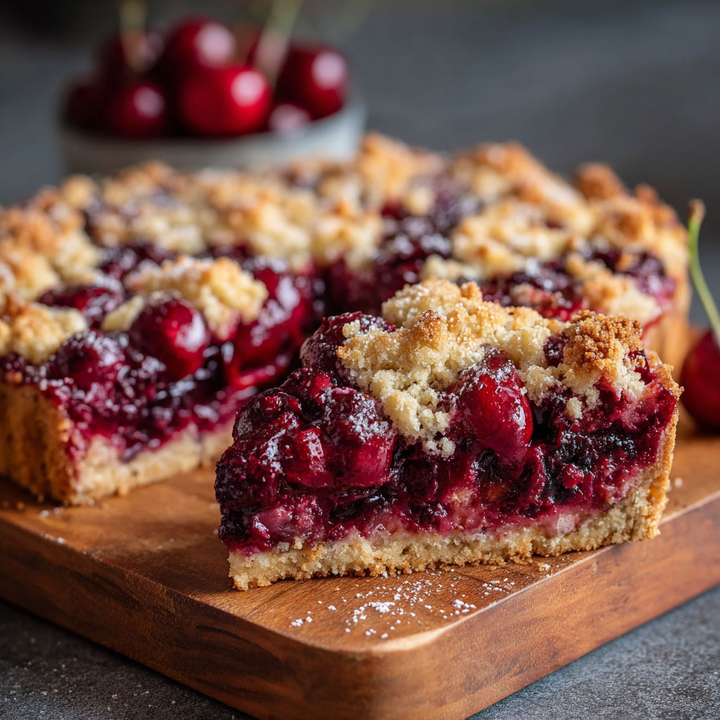 A slice of Kirsch-Streuselkuchen mit Quarkstreuseln.