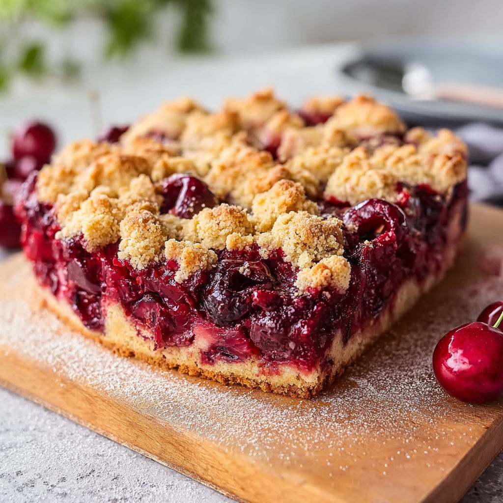 A slice of a cake with cherries on top.