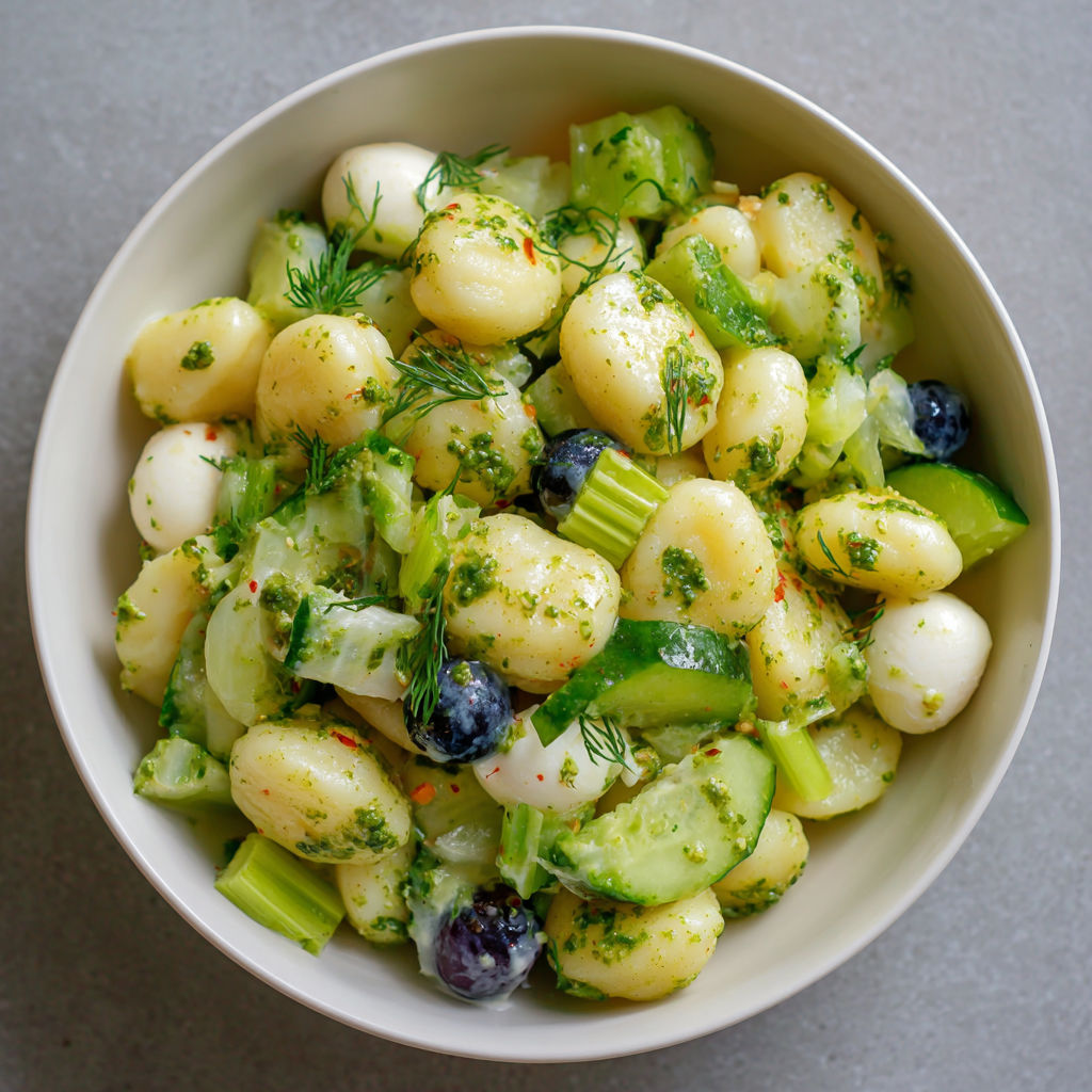 A bowl of food with potatoes, blueberries, and green vegetables.