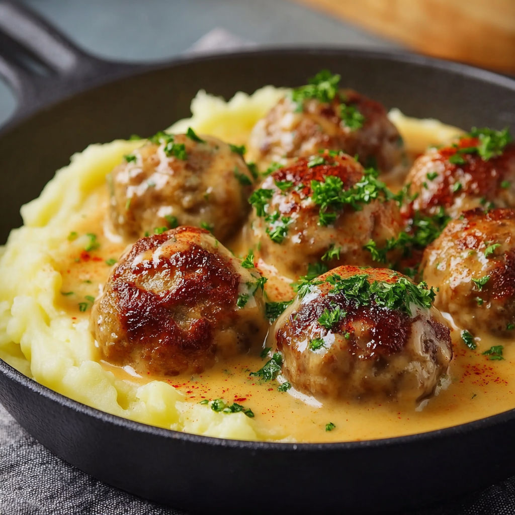 A plate of food with meatballs and potatoes.