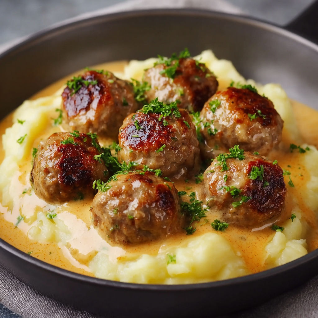 A bowl of meatballs in a creamy sauce.
