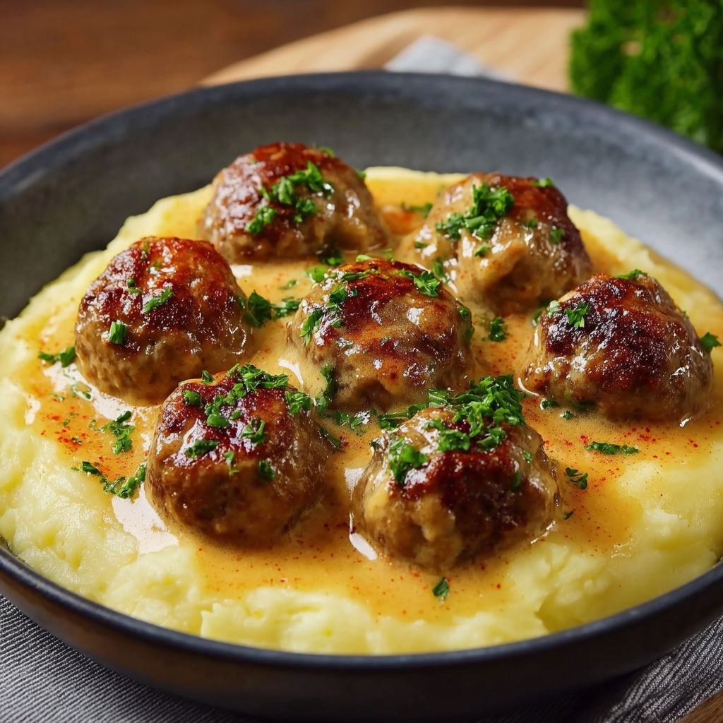 A plate of meatballs with gravy.