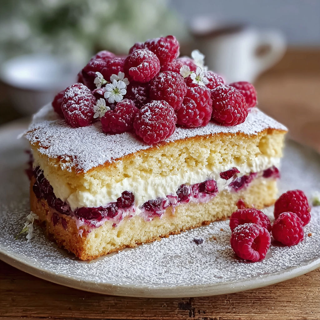 A slice of cake with raspberries on top.