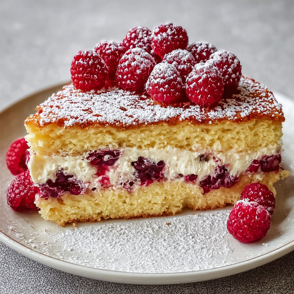 A slice of cake with raspberries on top.