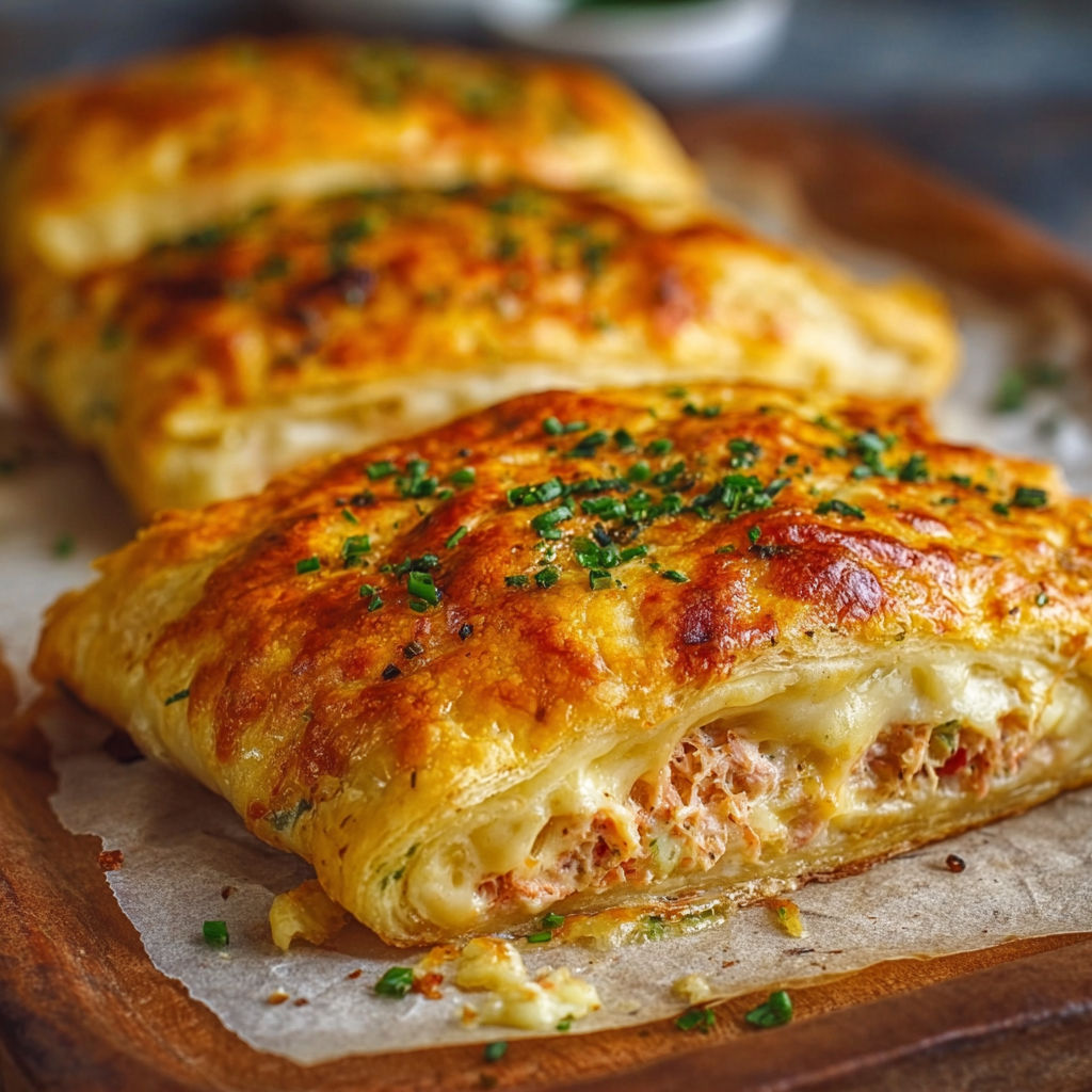 A close up of a pastry with cheese and herbs.