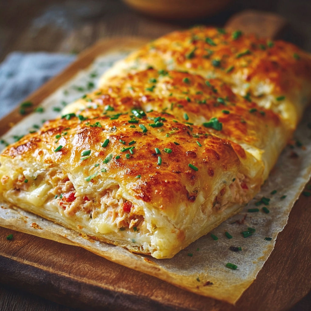 A pastry with cheese and herbs on a wooden board.