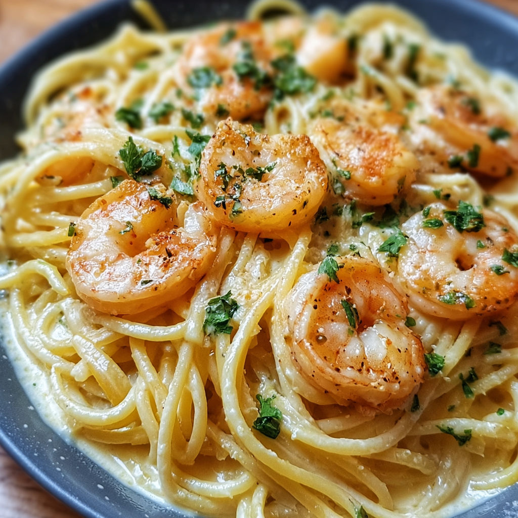 A bowl of spaghetti with shrimp and garlic.