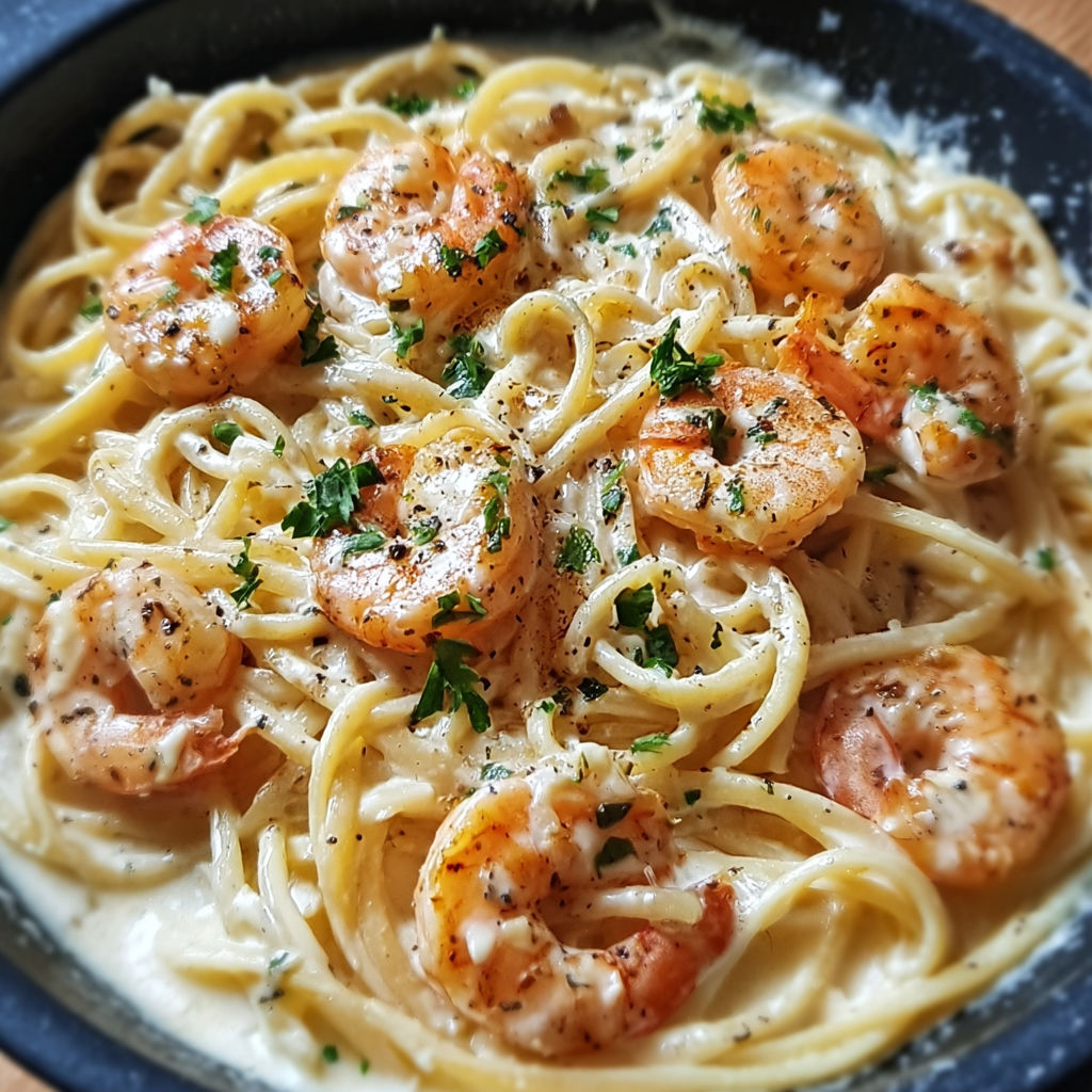 A bowl of pasta with shrimp and herbs.